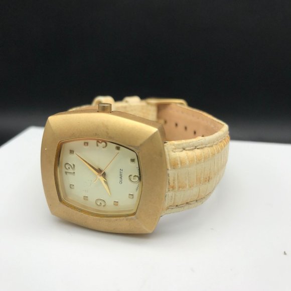 Vintage Gold Tone Japan Movement Watch Leather Band New Battery FSC:33822-1/F main image 8